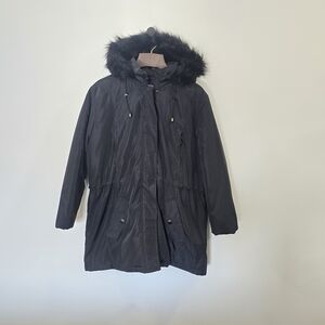 Laura Scott Black Coat with Detachable Faux Fur Trim Hood Size 10